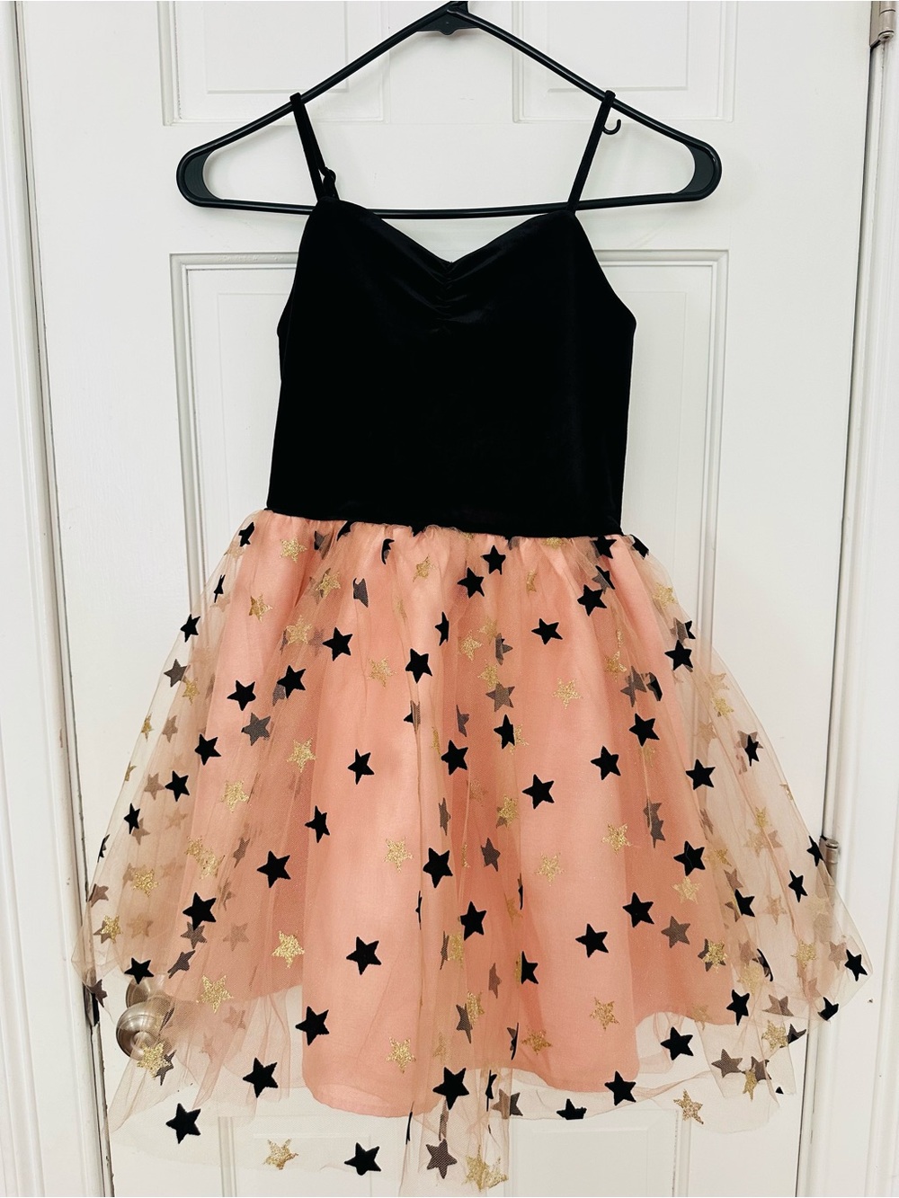 Zunie Black Velvet Bodice with Peach Star Tulle Skirt Girls' Formal Dress